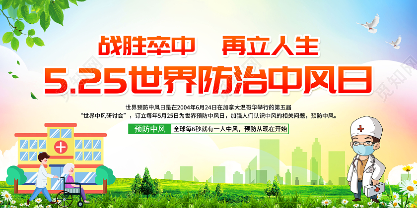 蓝色水彩风格2022世界防治中风日宣传栏世界预防中风日