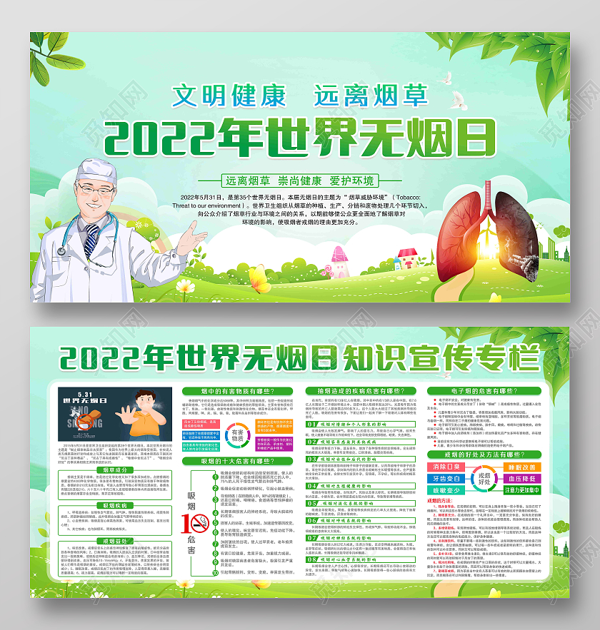 绿色卡通风格2022年世界无烟日宣传展板世界无烟日宣传栏