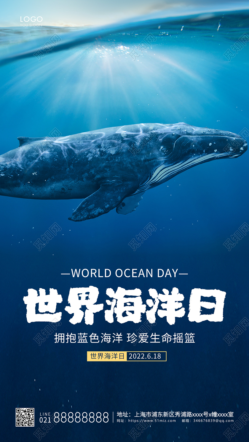 蓝色简约世界海洋日手机海报