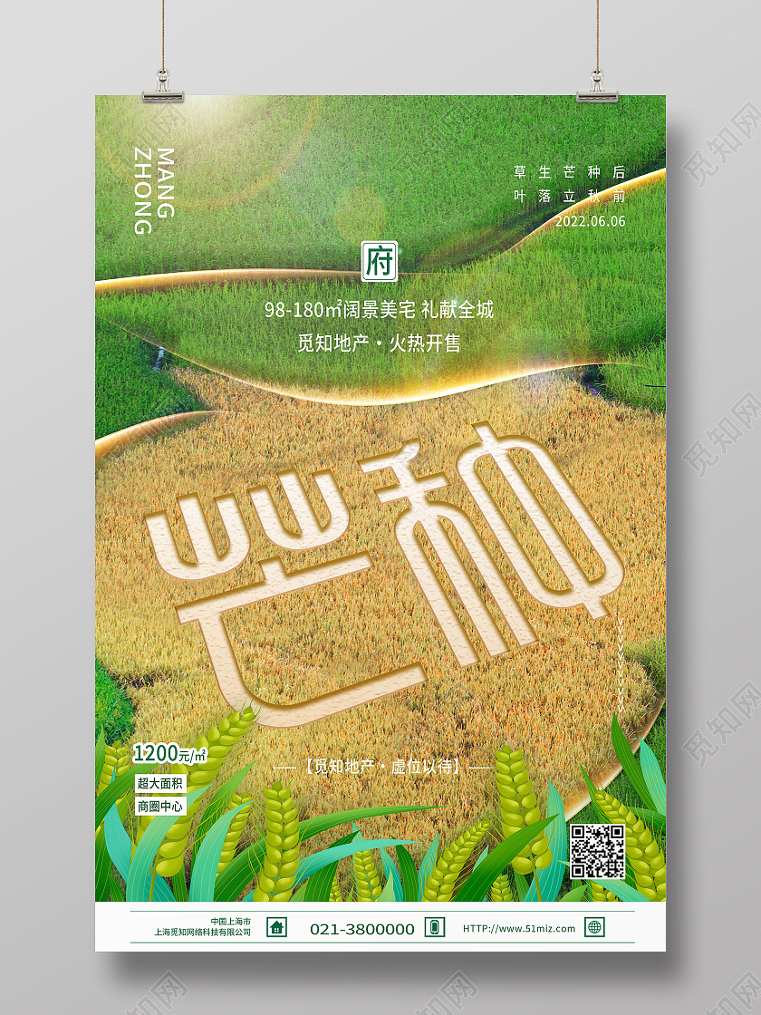 绿色简约芒种二十四节气芒种节日海报