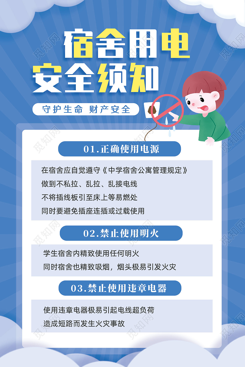 蓝色手绘卡通简约宿舍用电安全须知安全用电海报