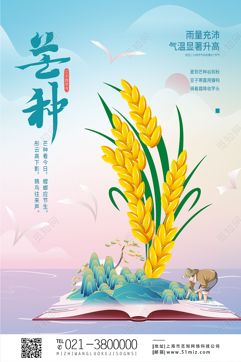 蓝色简约芒种二十四节气芒种节日海报