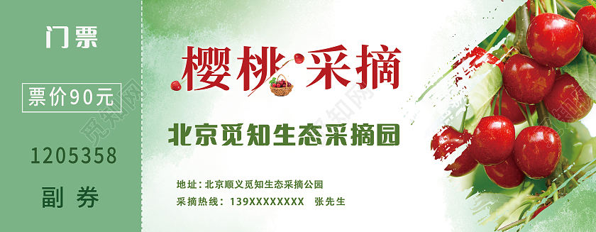 绿色简约樱桃采摘水果采摘园门票副券入场券樱桃采摘门票入场券