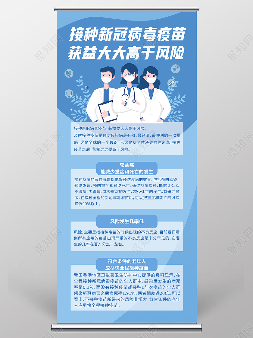 蓝色简约接种新冠病毒疫苗获益大大高于风险接种疫苗易拉宝展架