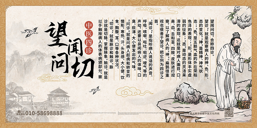浅灰色中国风中医四诊望闻问切展板设计