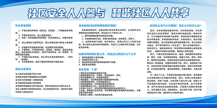 蓝色简约社区安全人人参与和谐社区人人共享安全用电宣传栏展板