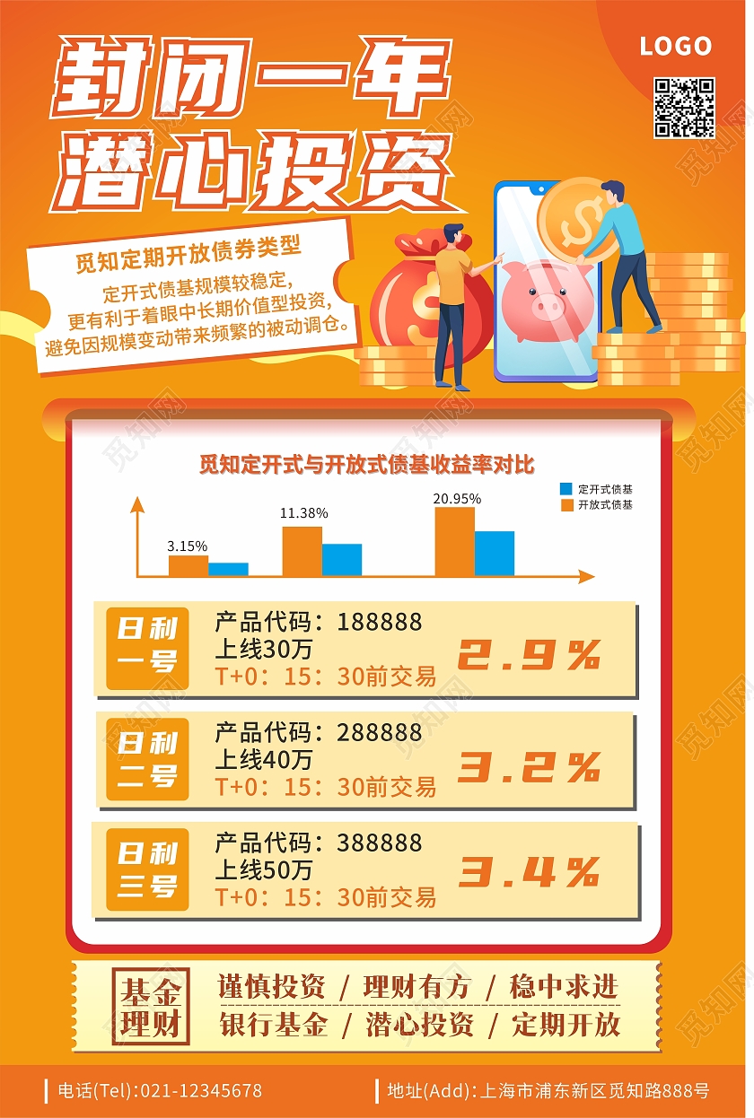 橙色卡通封闭一年潜心投资金融理财海报金融海报