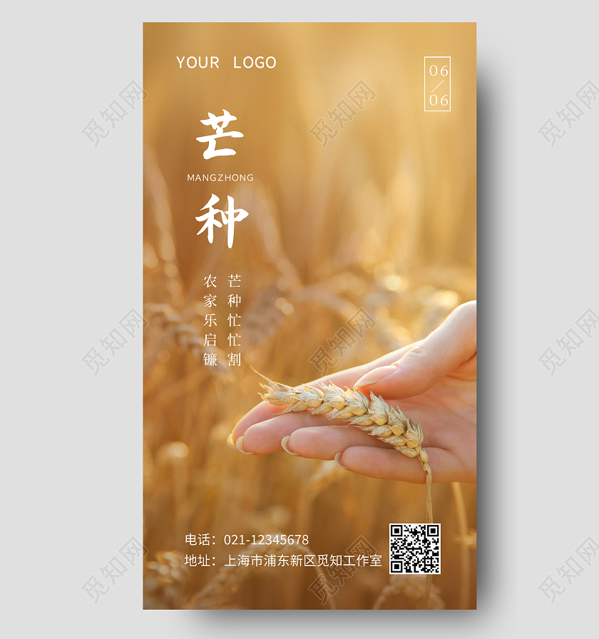金黄色简约芒种二十四节气宣传手机海报
