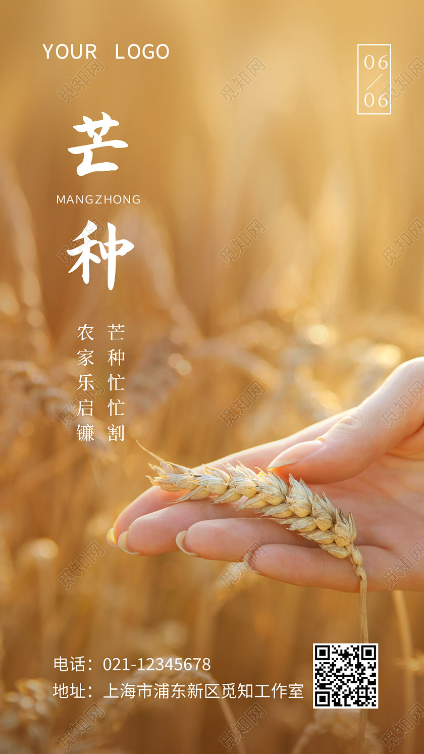 金黄色简约芒种二十四节气宣传手机海报