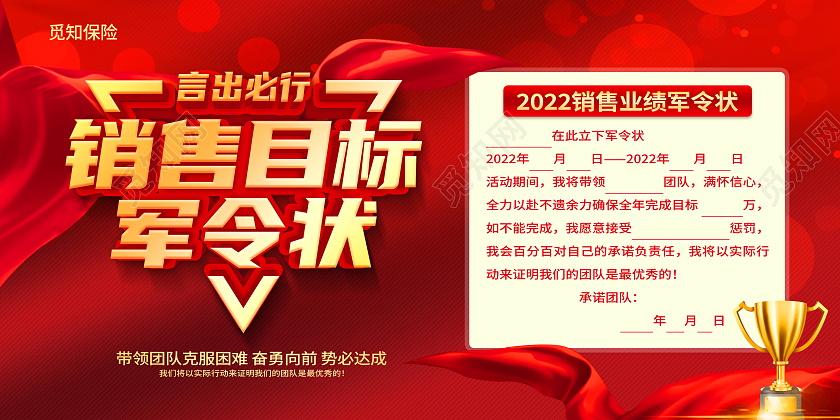 红色大气销售目标军令状业绩军令状展板