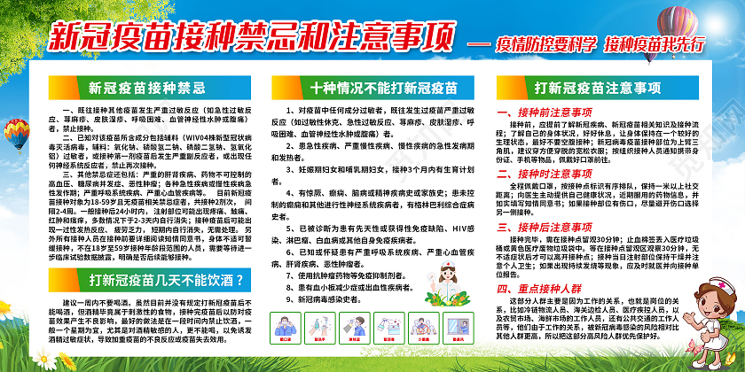 蓝色卡通新冠疫苗接种注意事项展板接种疫苗宣传栏