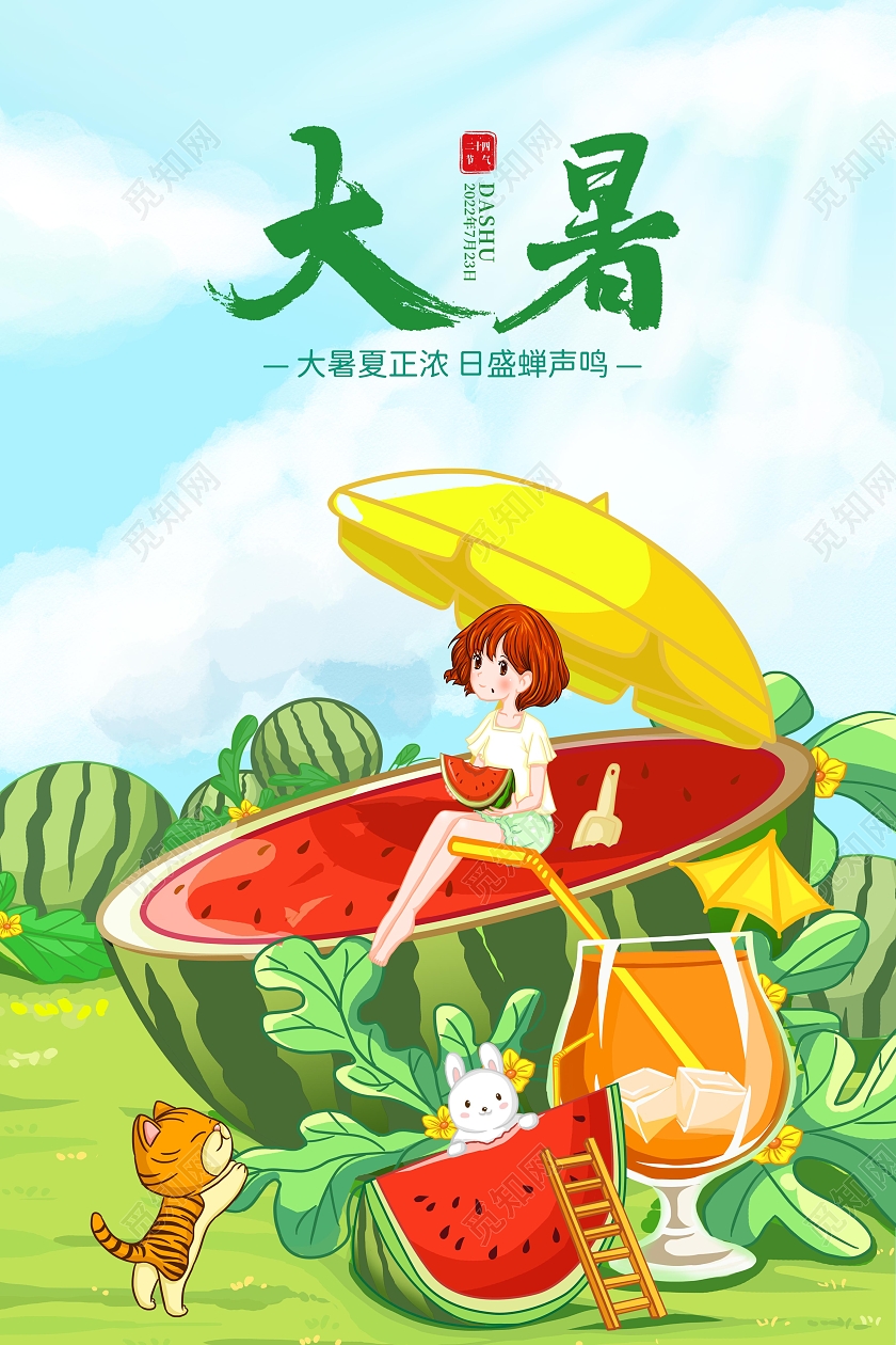 彩色清新插画二十四节气大暑海报
