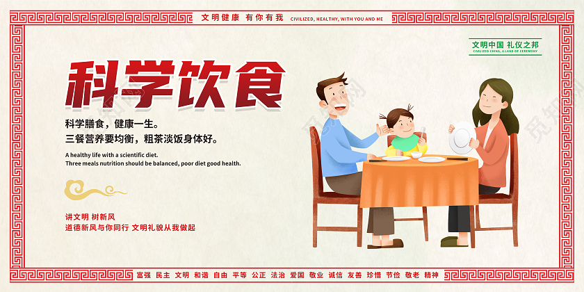 红色简约科学饮食均衡营养科学饮食展板