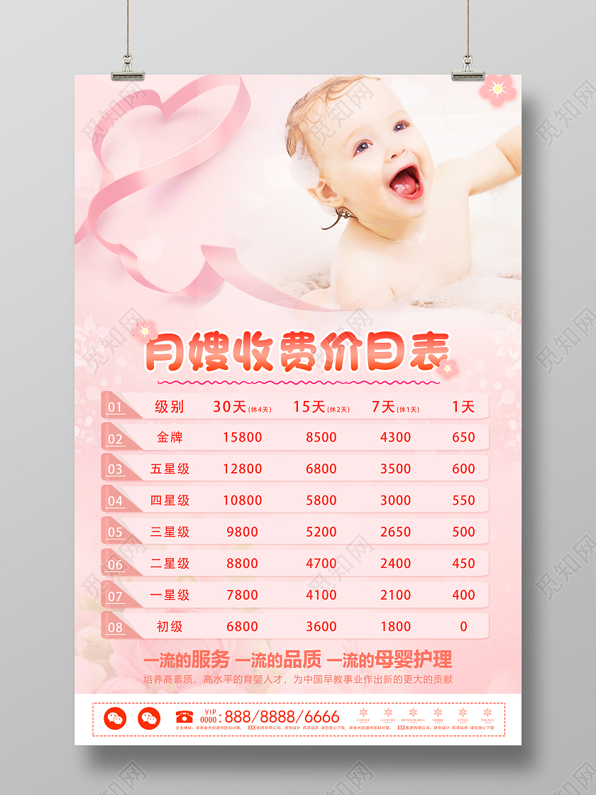 粉色温馨简约风月嫂母婴护理价格表宣传海报