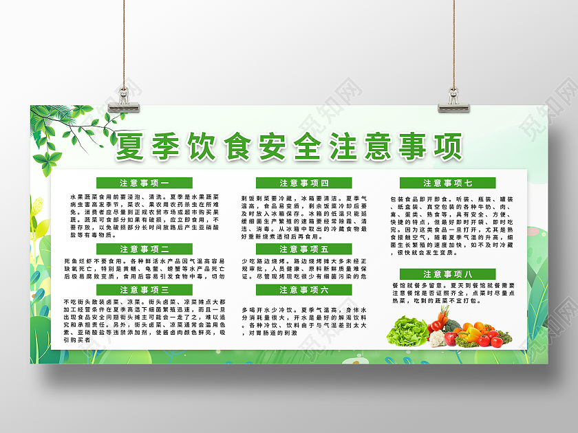绿色小清新夏季饮食安全注意事项宣传活动展板夏季饮食宣传栏