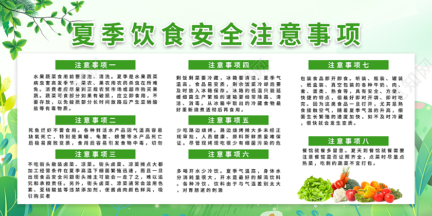 绿色小清新夏季饮食安全注意事项宣传活动展板夏季饮食宣传栏