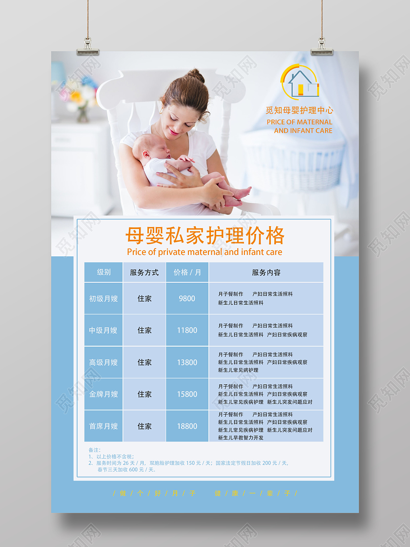 蓝色清新简约母婴月嫂私家护理价格母婴护理海报