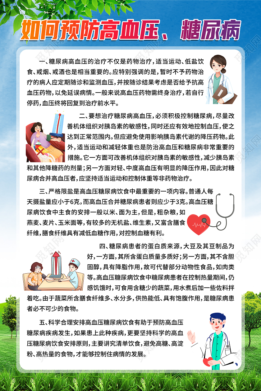 蓝色卡通预防高血压糖尿病海报