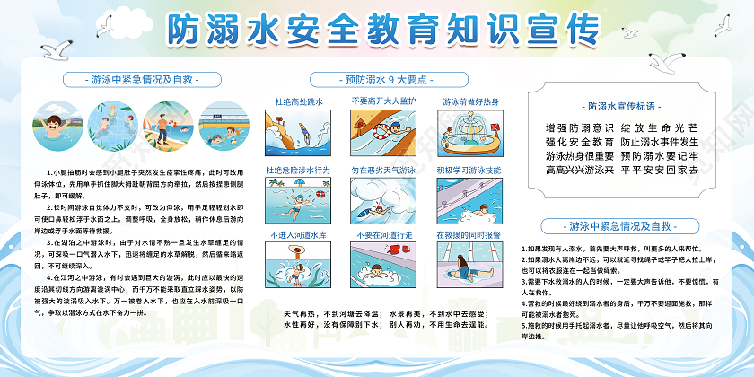 绿色简约防溺水安全教育知识宣传栏展板预防溺水宣传栏