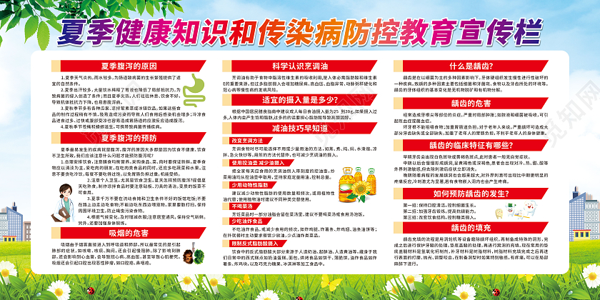 绿色卡通夏季健康知识传染病防控知识宣传栏