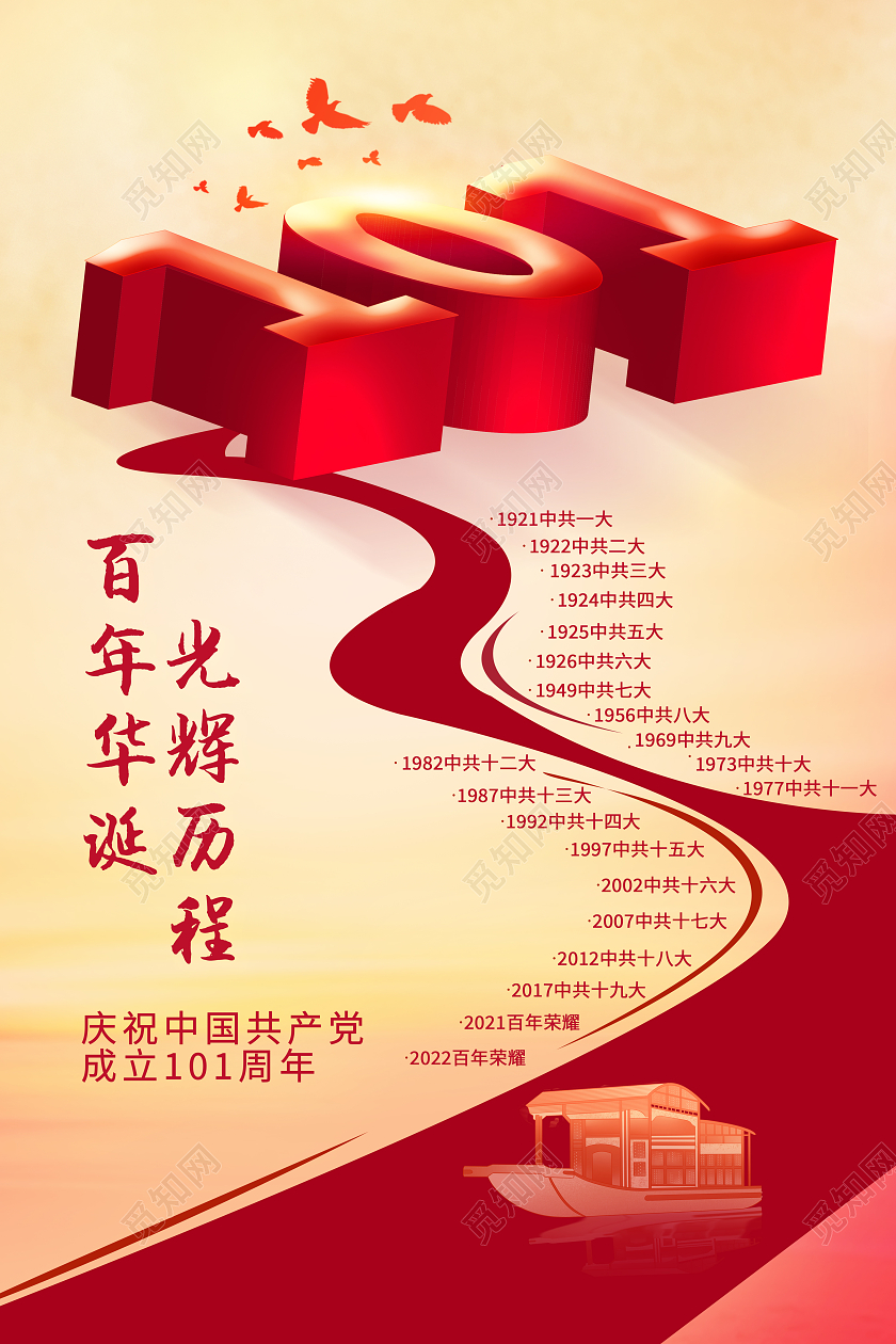 黄色党建风格建党101周年宣传海报建党节