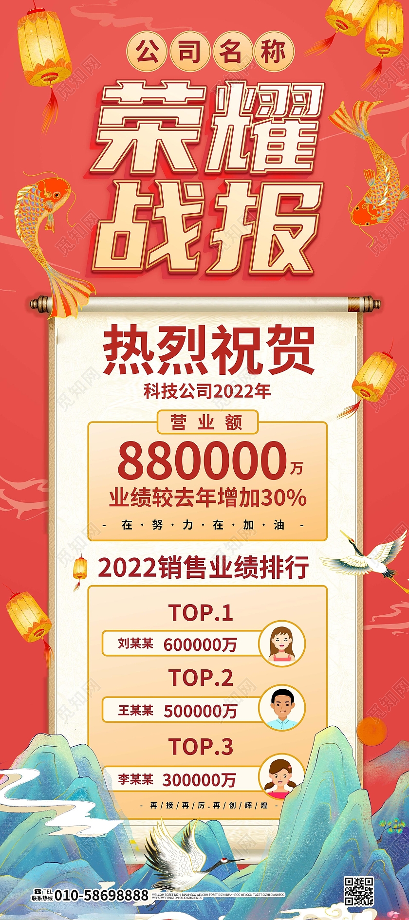 红色创意大气国潮风格荣耀战报公司企业战报易拉宝设计战报展架