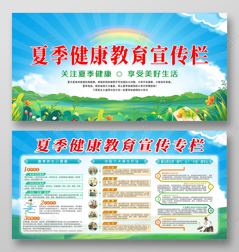 蓝色卡通夏季健康教育养生宣传专栏
