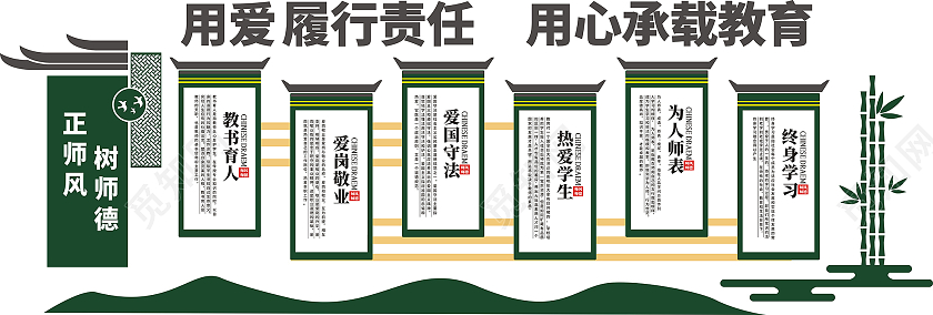 绿色复古大气校园文化墙师风师德文化墙师德师风文化墙
