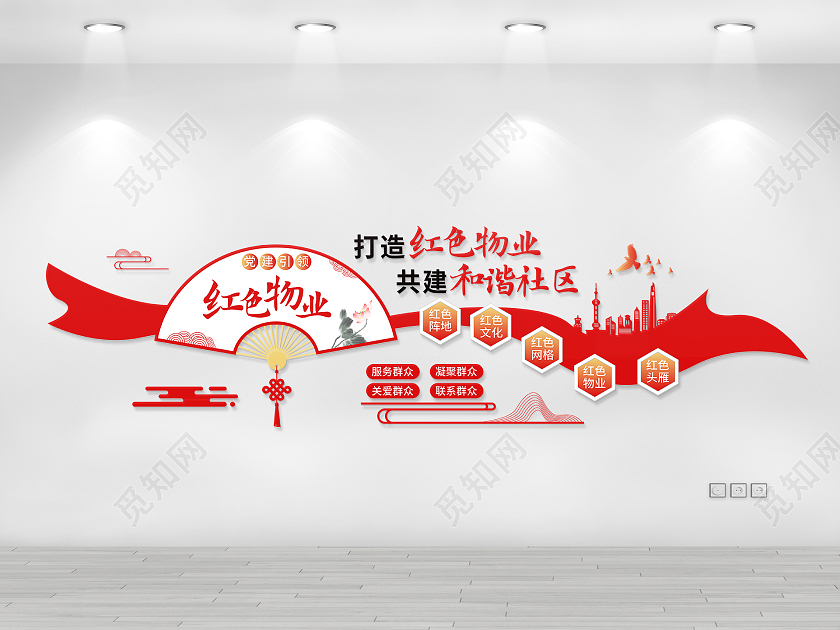 红色简约风打造红色物业共建和谐社区文化墙红色物业文化墙