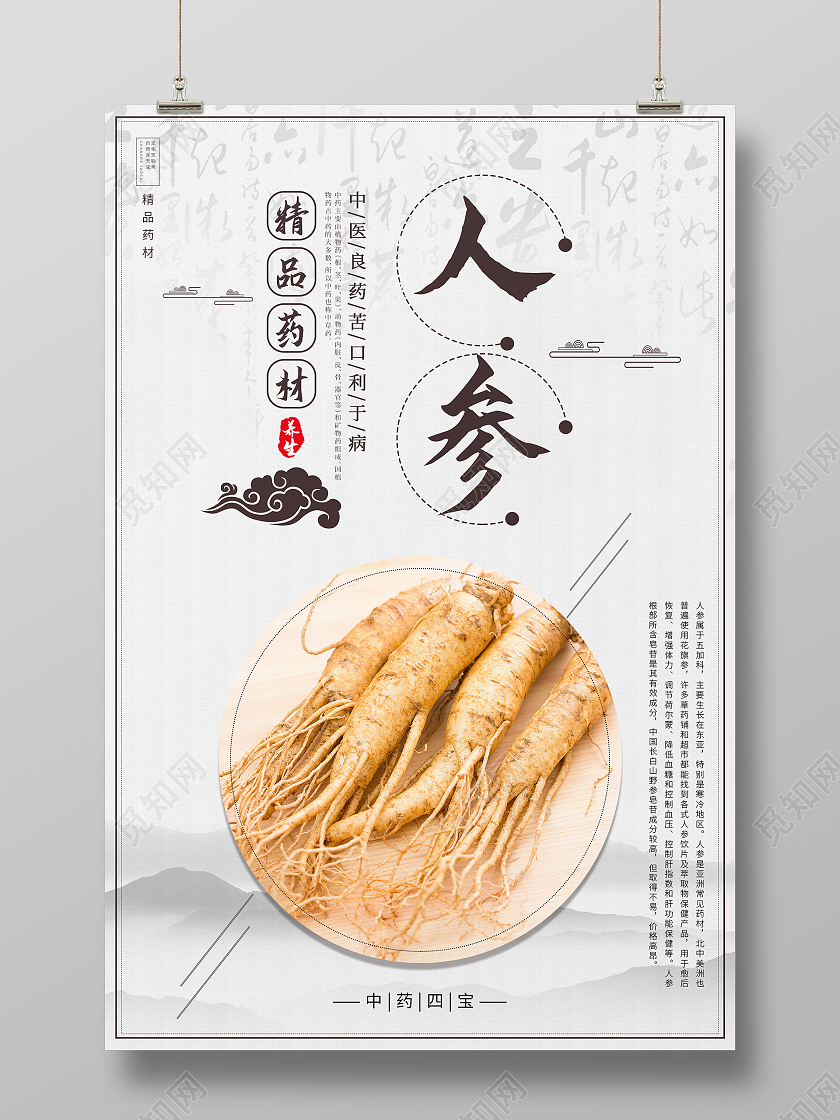 水墨山水中国风精品药材人参海报