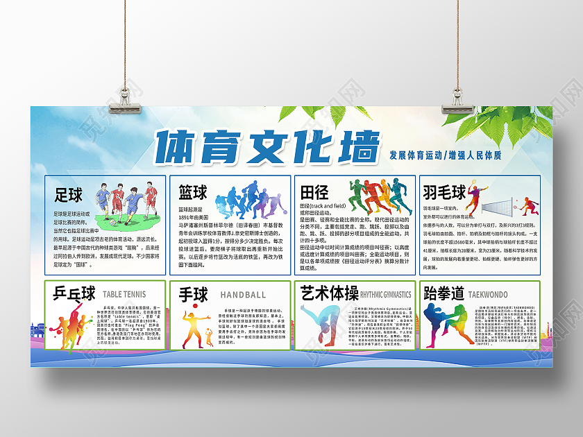 蓝色清新体育文化墙体育运动项目展板背景体育宣传栏