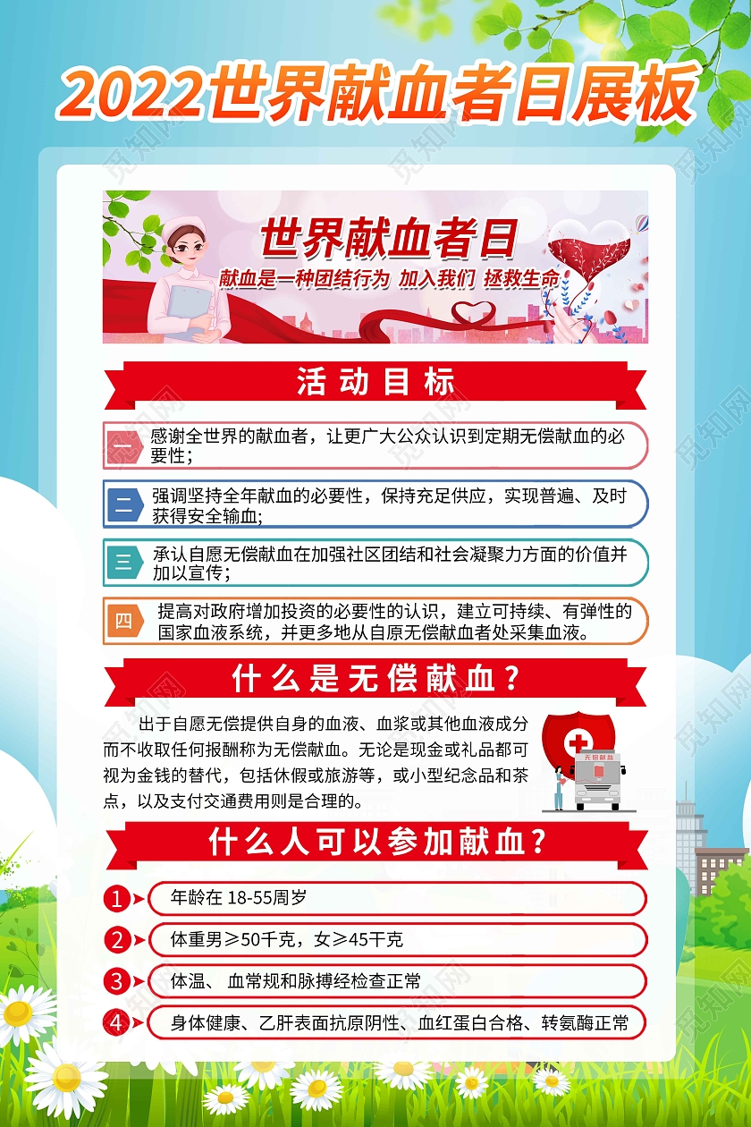 蓝色简约2022世界献血者日世界献血日宣传栏