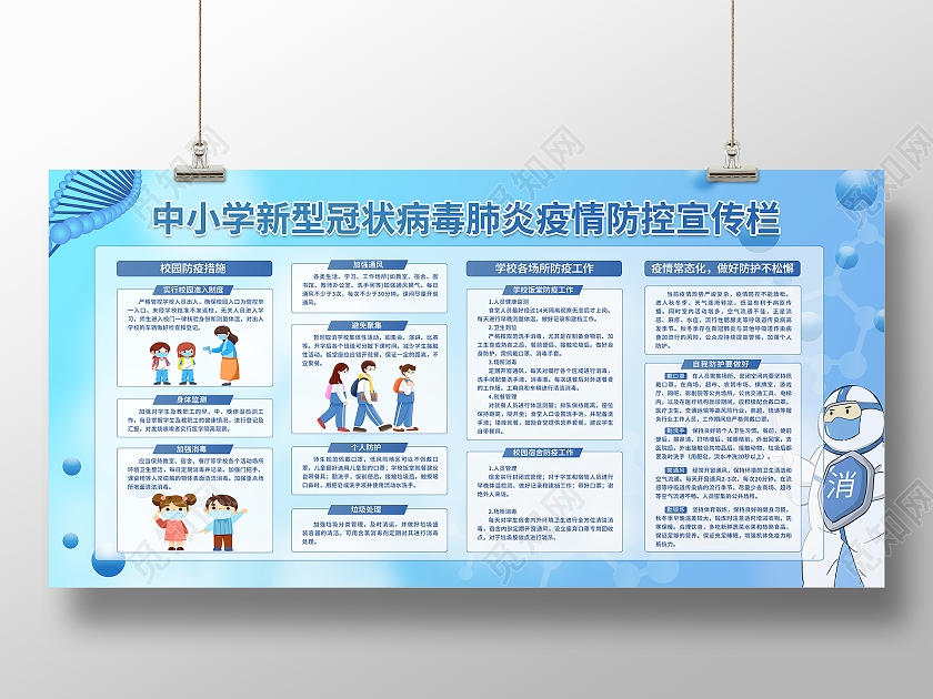 蓝色简约中小学新型冠状病毒肺炎疫情防控校园防疫宣传栏展板