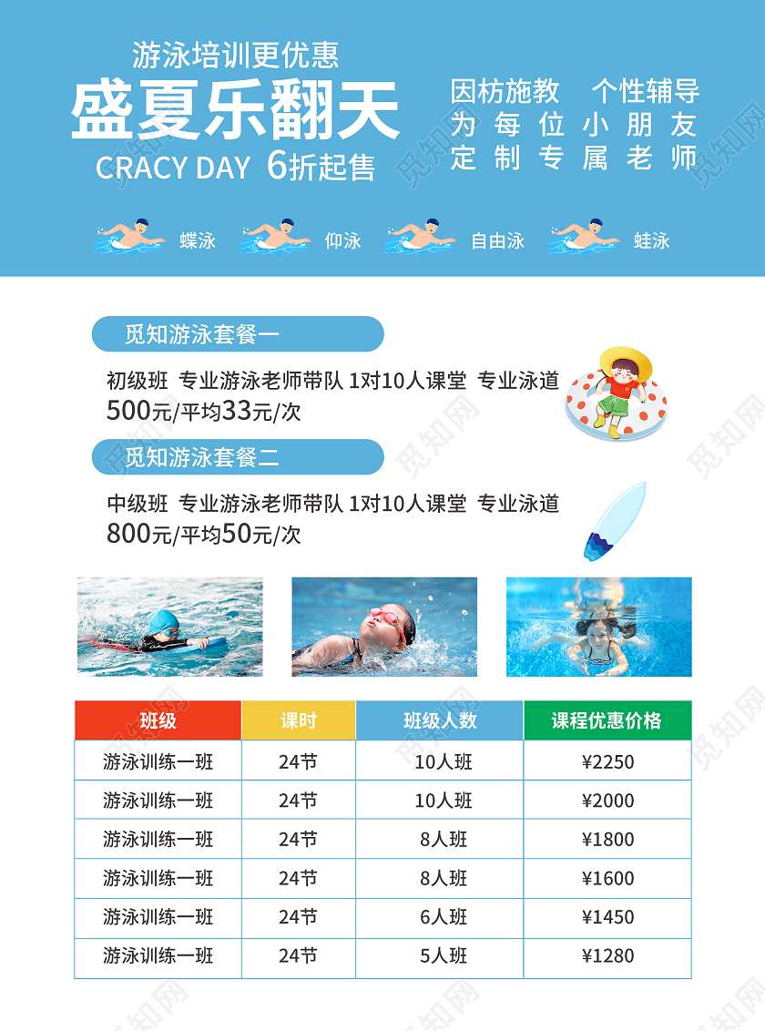 教育蓝色卡通风少儿游泳培训营游泳培训招生宣传单