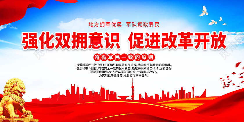 蓝色背景创意大气强化双拥意识促进改革开放展板设计双拥标语展板