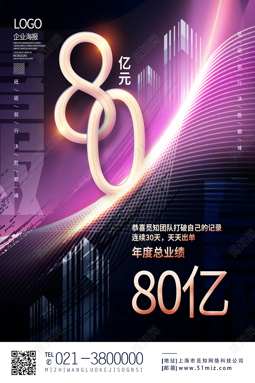 紫色大气业绩80亿元销售业绩喜报海报