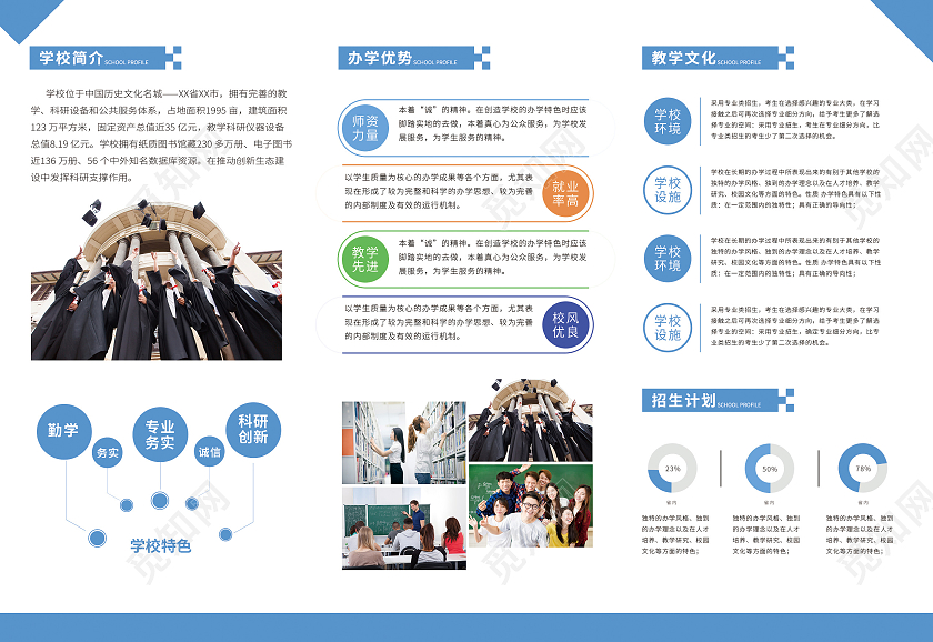 蓝色简约大学招生简章教育学校机构招生培训宣传三折页