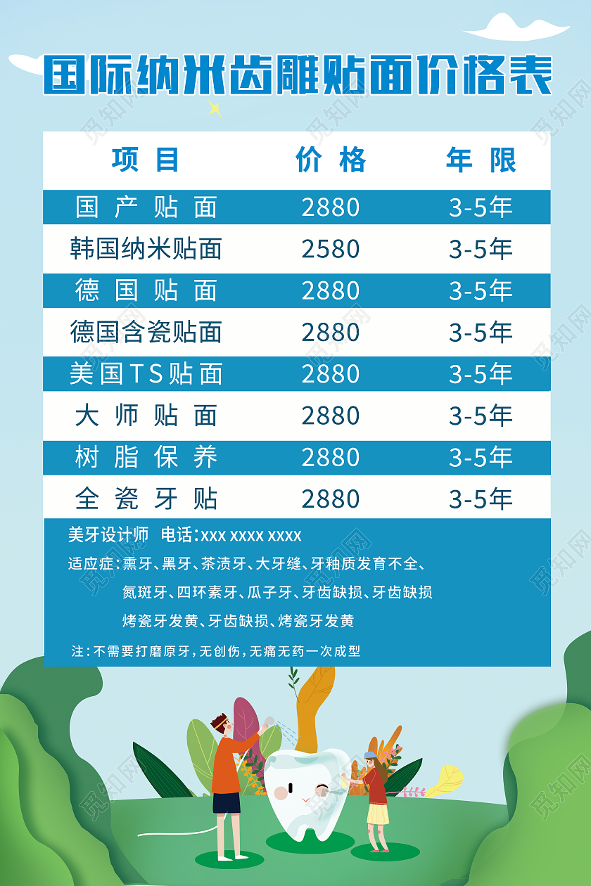 蓝色牙科牙齿健康价格表价目表海报牙科价目表海报