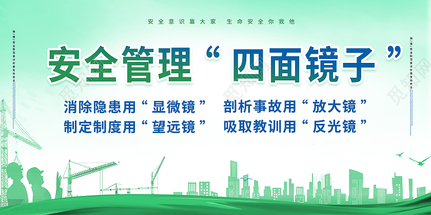 浅绿色创意大气安全管理四面镜子安全生产宣传展板设计安全标语展板