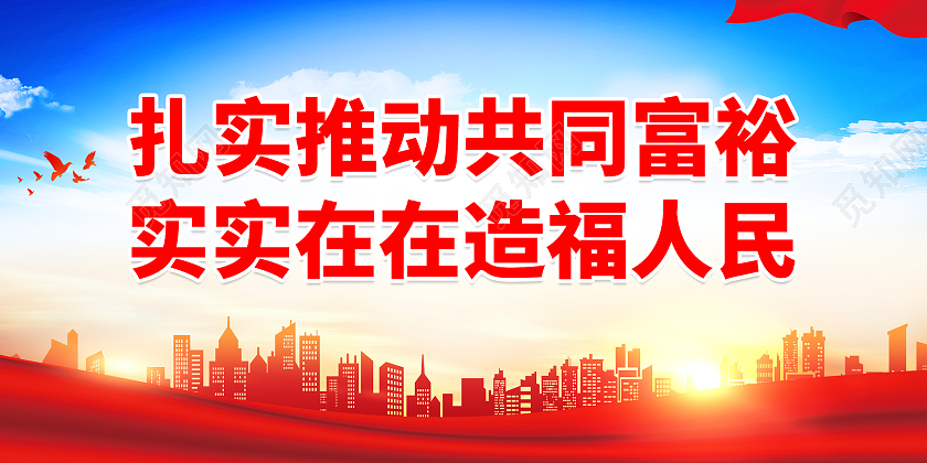 两会背景蓝色建筑剪影扎实推动共同富裕实实在在造福人民展板共同富裕标语展板