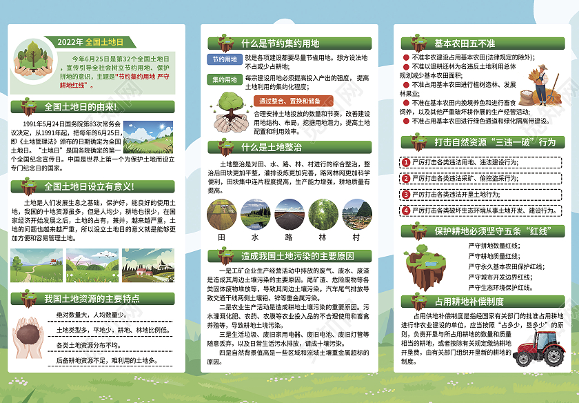 蓝色卡通2022年全国土地日宣传单页折页
