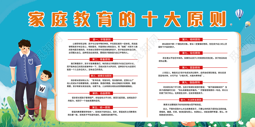 蓝色卡通风家庭教育十大原则宣传栏展板