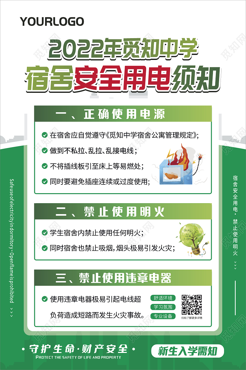 绿色卡通宿舍安全用电须知海报安全用电海报