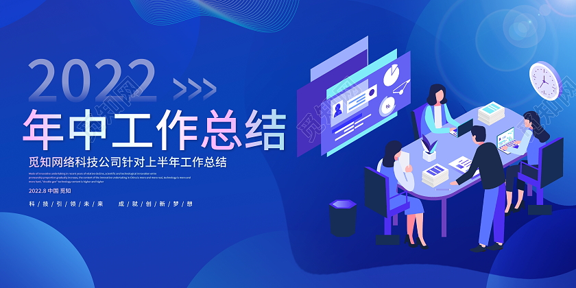 蓝色商务2022年中工作总结会议展板背景