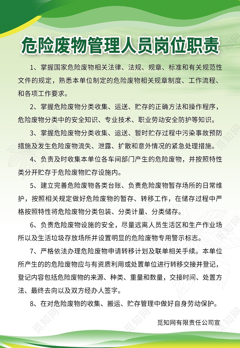 绿色简约危险废物管理人员岗位职责海报背景