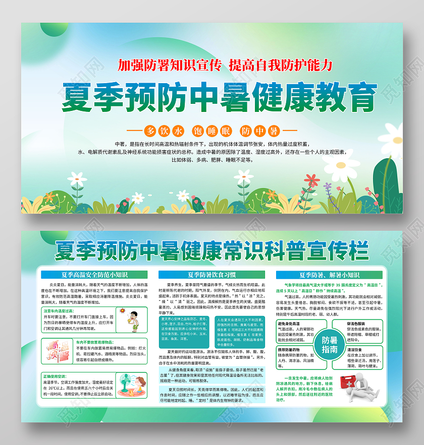 绿色清凉夏季预防中暑健康教育宣传栏展板