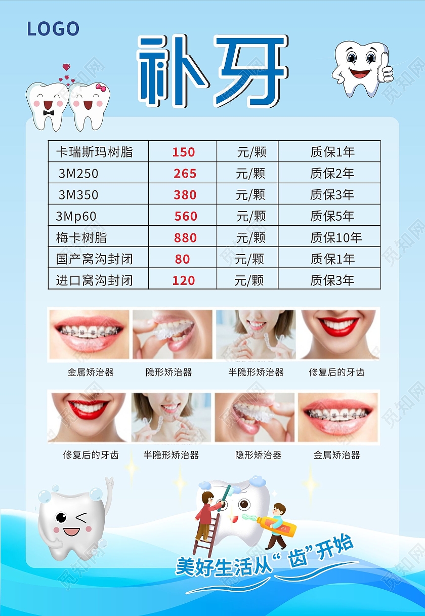 蓝色简约补牙牙齿活动特惠价格海报背景牙科价目表海报