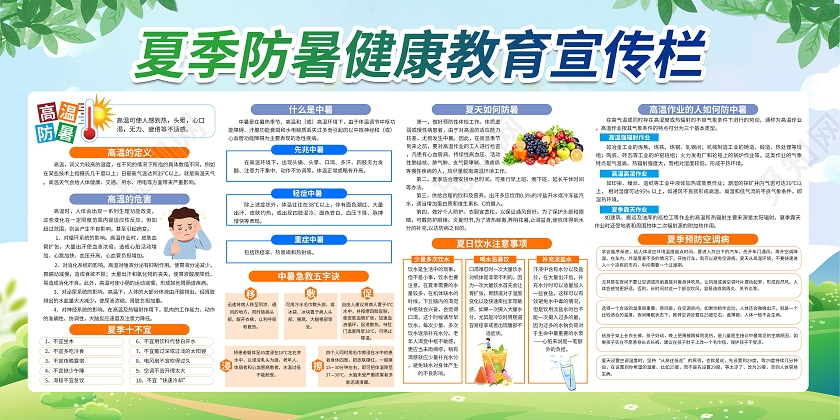 绿色卡通夏季防中暑宣传栏预防中暑