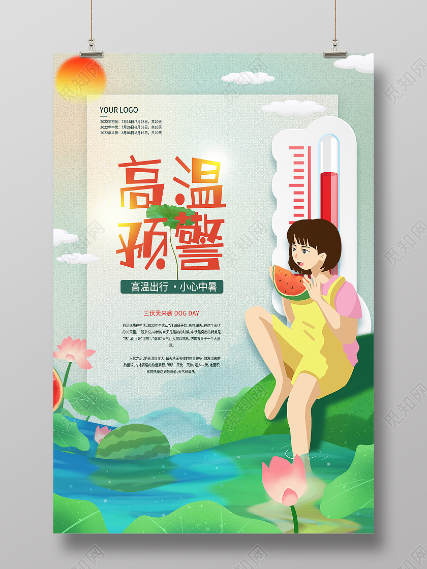 绿色简约高温预警高温海报