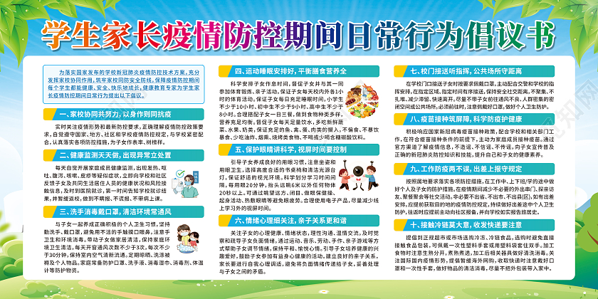 蓝色卡通学生家长疫情防控期间日常行为倡议书展板